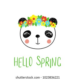 Hand drawn vector portrait of a cute funny panda with flowers, text Hello Spring. Isolated objects on white background. Vector illustration. Design concept for children.