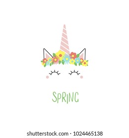 Hand drawn vector portrait of a cute funny unicorn with flowers, text Spring. Isolated objects on white background. Vector illustration. Design concept for children.