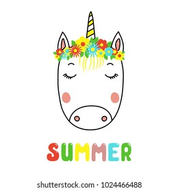 Hand drawn vector portrait of a cute funny unicorn with flowers, text Summer. Isolated objects on white background. Vector illustration. Design concept for children.