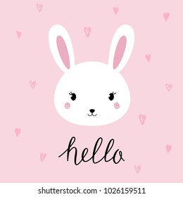 Hand drawn vector portrait of a cute funny bunny with lettering. Vector illustration. Design concept for children, Valentines day card.