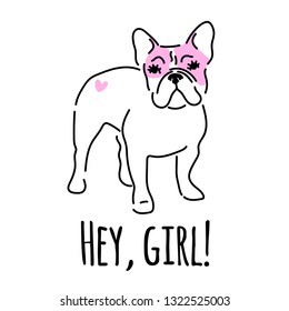 Hand Drawn Vector Portrait of cute French Bulldog. Children's illustration. Little puppy. Funny baby animal. Can be used for t-shirt print, kids wear fashion design, baby shower invitation card.