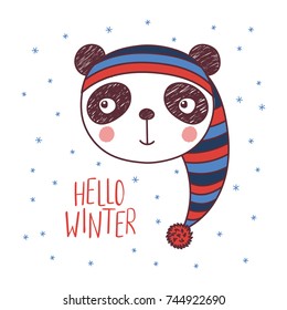Hand drawn vector portrait of a cute funny panda in a warm hat with pompom, text Hello winter. Isolated objects on white background with snowflakes. Vector illustration. Design concept for children.