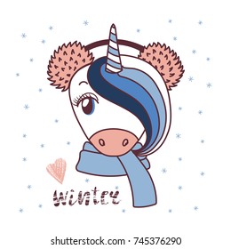 Hand drawn vector portrait of a cute funny unicorn in fluffy fur earmuffs, text Winter, heart. Isolated objects on white background with snowflakes. Vector illustration. Design concept for children.