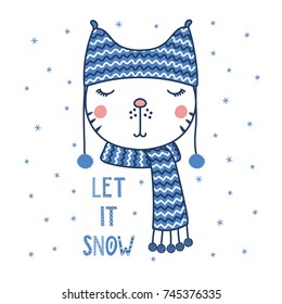 Hand drawn vector portrait of a cute funny cat in a warm hat with pompoms, text Let it snow. Isolated objects on white background with snowflakes. Vector illustration. Design concept for children.