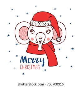 Hand drawn vector portrait of a cute funny elephant in a Santa hat, text Merry Christmas. Isolated objects on white background with stars. Vector illustration. Design concept for kids, winter holidays