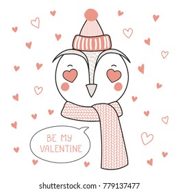 Hand drawn vector portrait of a cute funny owl with heart shaped eyes, romantic quote. Isolated objects on white background. Vector illustration. Design concept for children, Valentines day card.