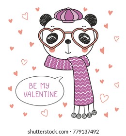 Hand drawn vector portrait of a cute funny panda in heart shaped glasses, with romantic quote. Isolated objects on white background. Vector illustration. Design concept children, Valentines day card.