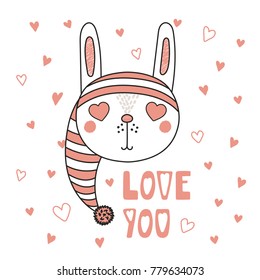 Hand drawn vector portrait of a cute funny bunny with heart shaped eyes, romantic quote. Isolated objects on white background. Vector illustration. Design concept for children, Valentines day card.