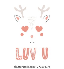 Hand drawn vector portrait of a cute funny reindeer with heart shaped eyes, romantic quote. Isolated objects on white background. Vector illustration. Design concept for children, Valentines day card.