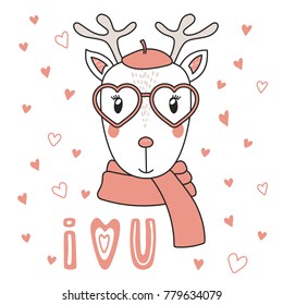 Hand drawn vector portrait of a cute funny deer in heart shaped glasses, with romantic quote. Isolated objects on white background. Vector illustration. Design concept children, Valentines day card.