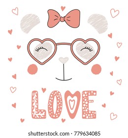 Hand drawn vector portrait of a cute funny panda in heart shaped glasses, with romantic quote. Isolated objects on white background. Vector illustration. Design concept children, Valentines day card.
