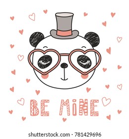 Hand drawn vector portrait of a cute funny panda in heart shaped glasses, with romantic quote. Isolated objects on white background. Vector illustration. Design concept children, Valentines day card.