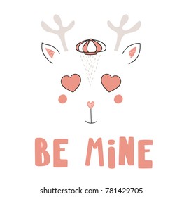 Hand drawn vector portrait of a cute funny reindeer with heart shaped eyes, romantic quote. Isolated objects on white background. Vector illustration. Design concept for children, Valentines day card.