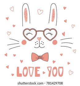 Hand drawn vector portrait of a cute funny bunny in heart shaped glasses, with romantic quote. Isolated objects on white background. Vector illustration. Design concept children, Valentines day card.