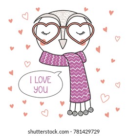 Hand drawn vector portrait of a cute funny owl in heart shaped glasses, with romantic quote. Isolated objects on white background. Vector illustration. Design concept children, Valentines day card.