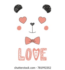 Hand drawn vector portrait of a cute funny panda with heart shaped eyes, romantic quote. Isolated objects on white background. Vector illustration. Design concept for children, Valentines day card.