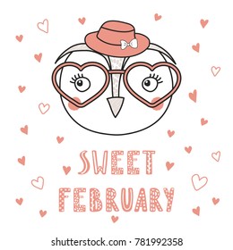 Hand drawn vector portrait of a cute funny owl in heart shaped glasses, with romantic quote. Isolated objects on white background. Vector illustration. Design concept children, Valentines day card.