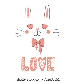 Hand drawn vector portrait of a cute funny bunny with heart shaped eyes, romantic quote. Isolated objects on white background. Vector illustration. Design concept for children, Valentines day card.