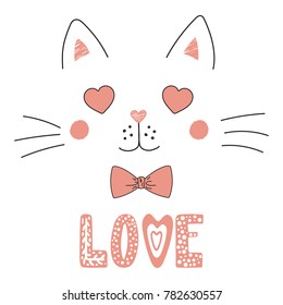 Hand drawn vector portrait of a cute funny cat with heart shaped eyes, romantic quote. Isolated objects on white background. Vector illustration. Design concept for children, Valentines day card.