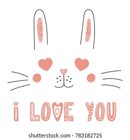 Hand drawn vector portrait of a cute funny bunny with heart shaped eyes, romantic quote. Isolated objects on white background. Vector illustration. Design concept for children, Valentines day card.