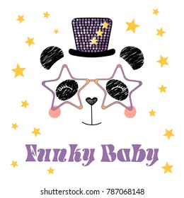 Hand drawn vector portrait of a cute funny cartoon panda in funky hat and glasses, with typography. Isolated objects on white background. Vector illustration. Design concept for children.