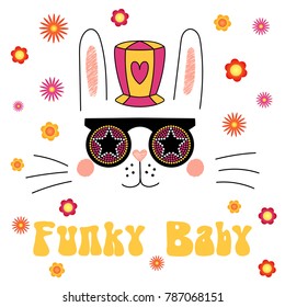 Hand drawn vector portrait of a cute funny cartoon bunny in funky hat and glasses, with typography. Isolated objects on white background. Vector illustration. Design concept for children.