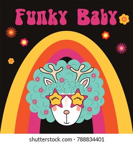 Hand drawn vector portrait of a cute funny cartoon reindeer with funky afro and glasses, with typography. Isolated objects. Vector illustration. Design concept for children.