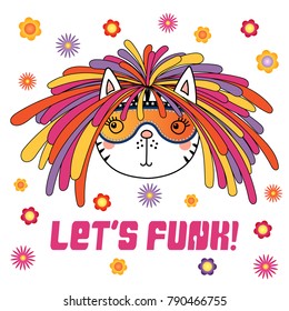 Hand drawn vector portrait of a cute funny cartoon cat with funky dreadlocks and glasses, with typography. Isolated objects. Vector illustration. Design concept for children.