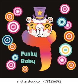 Hand drawn vector portrait of a cute funny cartoon bear in feather boa, funky hat and glasses, with typography. Isolated objects. Vector illustration. Design concept for children.