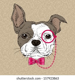 Hand Drawn Vector Portrait of French Bulldog in Pink Tie Bow and Monocle