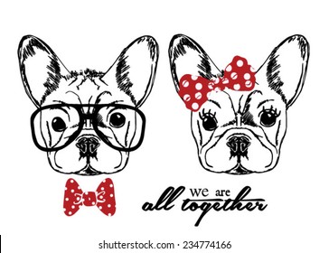 Hand Drawn Vector Portrait of French Bulldog in Pink Tie Bow and Monocle 