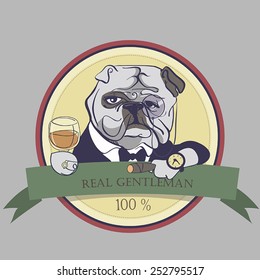 Hand Drawn Vector Portrait of French Bulldog with cigar and Monocle