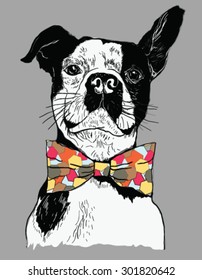 Hand Drawn Vector Portrait of French Bulldog in Pink Tie Bow and Monocle