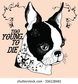 Hand Drawn Vector Portrait of French Bulldog, tattooed and slogan "too young to die".