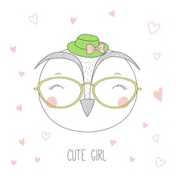 Hand Drawn Vector Portrait Of A Funny Owl Girl In A Hat With A Bow And Glasses, With Hearts And Text Cute Girl. Isolated Objects On White Background. Design Concept For Children.