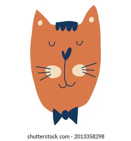 Hand drawn vector portrait of a funny intelligent ginger cat. Isolated object on white background. Vector illustration. Design concept for children.