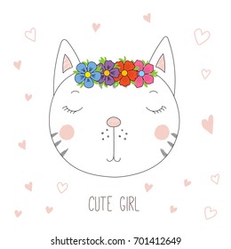 Hand drawn vector portrait of a funny cat girl in a flower chain, with hearts and text Cute girl. Isolated objects on white background. Design concept for children.