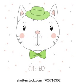 Hand drawn vector portrait of a funny cat boy in a hat and bow tie, with text Cute boy. Isolated objects on white background. Design concept for children.