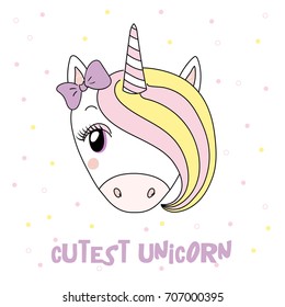 Hand drawn vector portrait of a funny unicorn girl with a ribbon, with polka dots and text Cutest unicorn. Isolated objects on white background. Design concept for children.