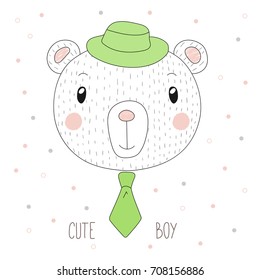 Hand drawn vector portrait of a funny bear boy in a hat and neck tie, with text Cute boy. Isolated objects on white background. Design concept for children.