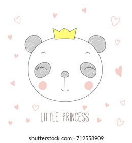 Hand drawn vector portrait of a funny panda girl in a crown, with hearts and text Little princess. Isolated objects on white background. Design concept for children.