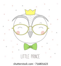 Hand drawn vector portrait of a funny owl boy in a crown, glasses and bow tie, with text Little prince. Isolated objects on white background. Design concept for children.