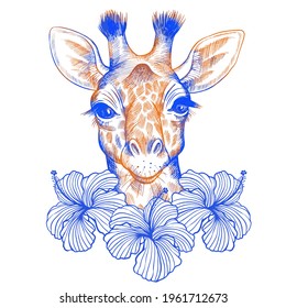 Hand drawn vector portrait of giraffe with hibiscuses isolated on white background. Stock illustration of wild Africa animal in sketch style.