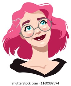 Hand drawn vector portrait of a girl with pink hair and glasses.