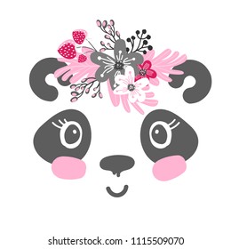 Hand drawn vector portrait of little panda girl with floral wreath. Isolated objects on white background. Vector illustration.