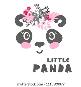 Hand drawn vector portrait of little panda girl with floral wreath. Isolated objects on white background. Vector illustration.