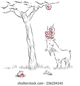 Hand drawn vector portrait of little nice goat eating apples under the tree isolated on white background. Ink drawing, black stroke. Book, magazine illustration. Animal character. Food illustration.