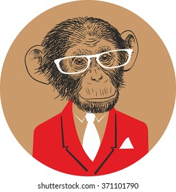 Hand Drawn Vector Portrait of Monkey in red suit with white tie and white glasses.