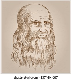 Retrato vector dibujado a mano sobre el fondo del papel.Leonardo Da Vinci