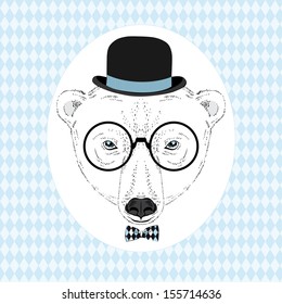 Hand Drawn Vector Portrait ot White Bear in Bowler Hat, Hipster Look